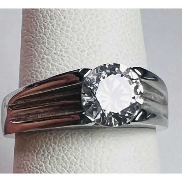 Unisex Stainless Steel Ring Band TK316 Cubic Zirconia Sz 8 Wedding Promise Bold - Picture 7 of 9